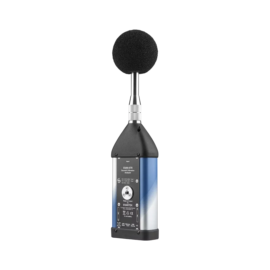 Svantek SVAN 979 Class 1 Sound & Vibration Analyser with a black microphone on a white background