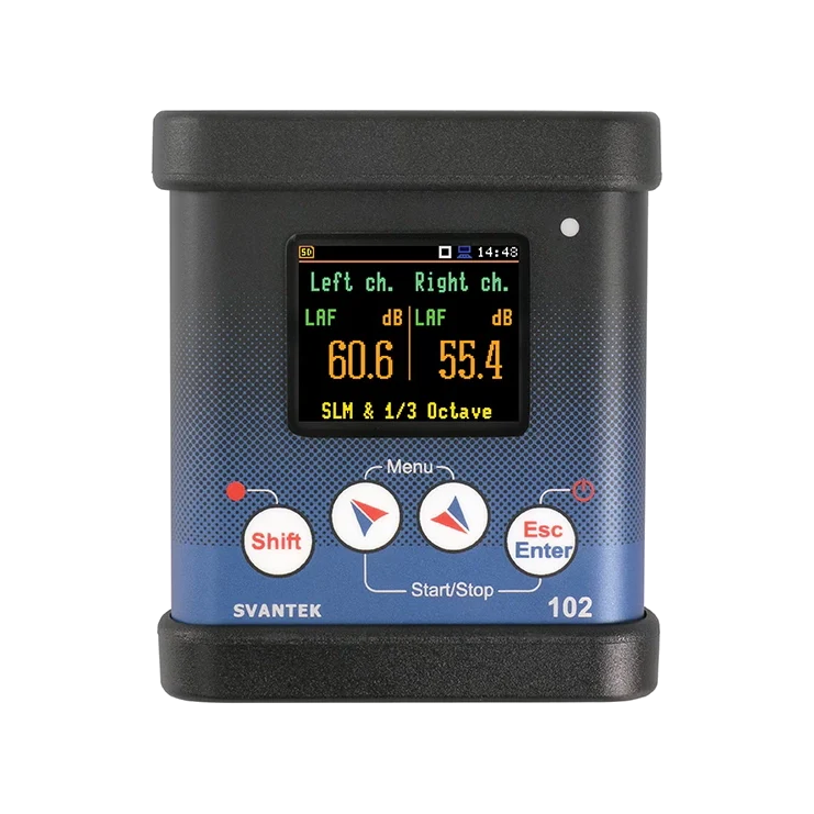 Svantek SV 102A+ Class 1 Dual-Channel Noise Dosimeter with a blue and black design on a white background