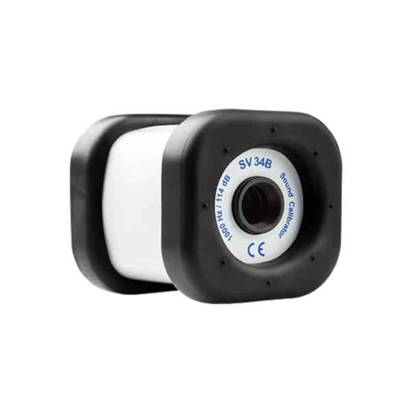 Sound calibrator with 'SV34B' branding on a white background