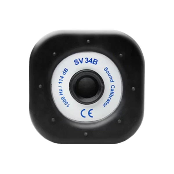 Black sound calibration device with 'SV 34B' label on a white background