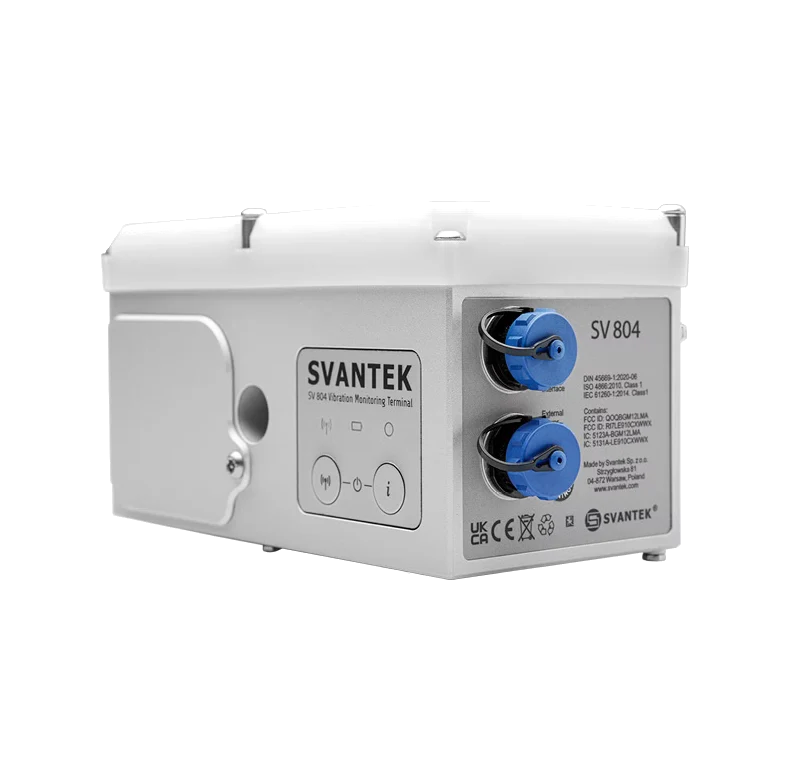 Svantek SV 804 Wireless Triaxial Vibration Monitor with two blue knobs on a white background