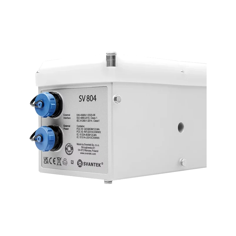 Svantek SV 804 Wireless Triaxial Vibration Monitor with blue connectors on a white background