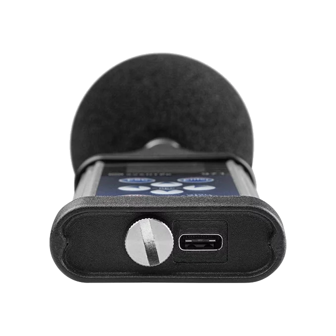 Black handheld microphone with digital display on a white background