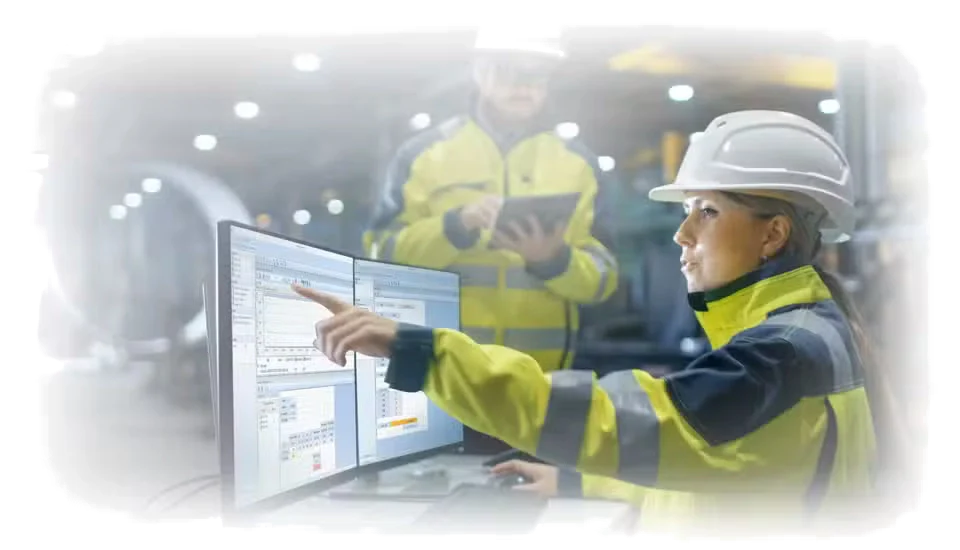 Person in safety gear interacting with a computer screen with Svantek Supervisor PC Software for Health and Safety in an industrial setting