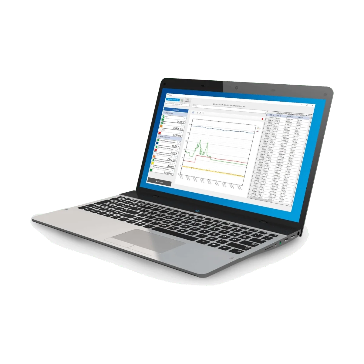 A silver laptop computer shown open at an angle, displaying a software dashboard with charts and tables on its screen, set against a plain white background.