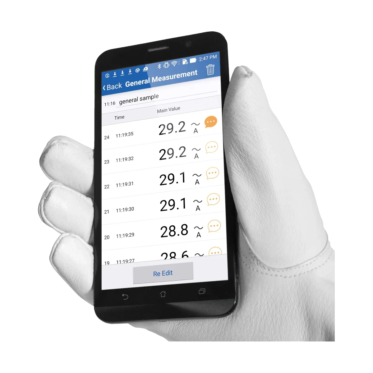 A white gloved hand holding a smartphone that displays a measurement app interface with a list of temperature readings, isolated on a white background.