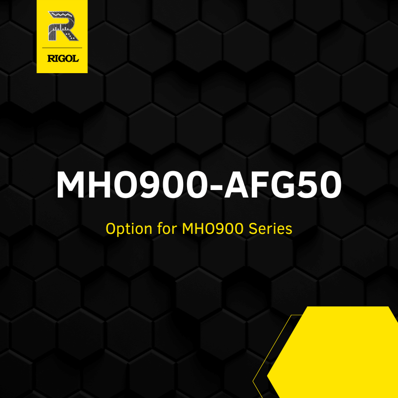 A black and yellow technical specification graphic for a Rigol MH0900-AFG50 option, featuring a black hexagonal pattern background, white and yellow text, and the Rigol logo in the top-left corner.