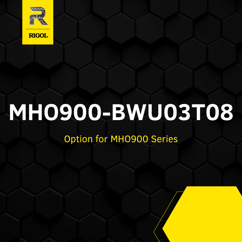 A black product options graphic with a yellow RIGOL logo in the top-left corner, large white text reading 'MH0900-BWU03T08', smaller yellow text reading 'Option for MH0900 Series', and a yellow hexagon shape in the bottom-right over a black hexagonal pattern background.