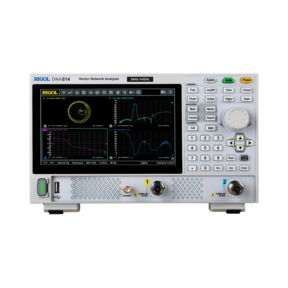 The front of the RIGOL DNA814 vector network analyzer on a white background, Used for every product in the DNA800 Series