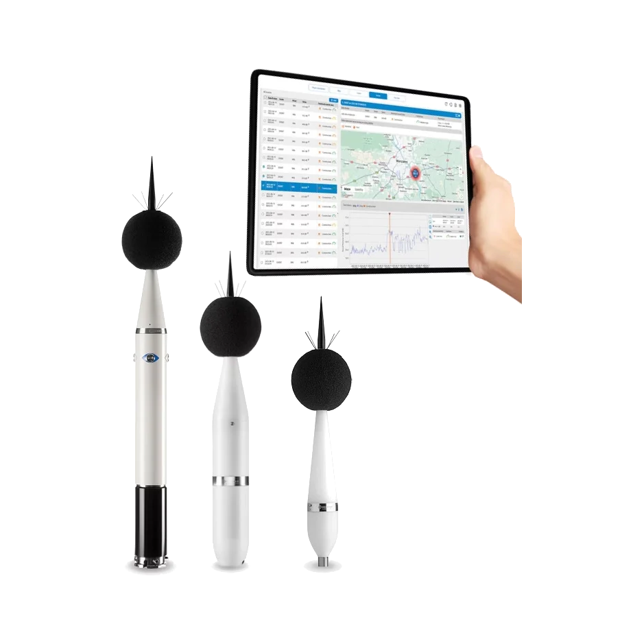 Three white electronic devices with black tops on a white background, one held by a hand with a tablet displaying Svantek SvanNET AI Noise Sources Identification.