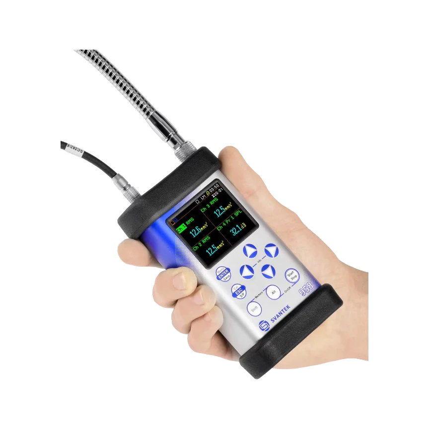 Hand holding a Svantek SVAN 958A Four Channel Sound & Vibration Meter with a screen and buttons on a white background