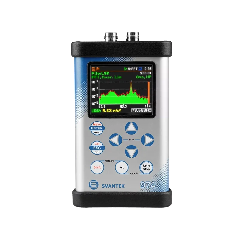 Svantek SVAN 974 Vibration Meter and FFT Analyser with digital display on a white background