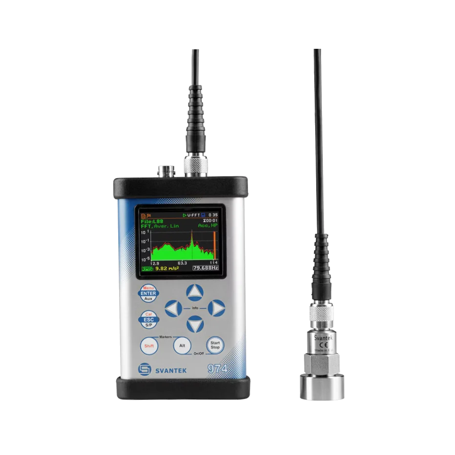 Svantek SVAN 974 Vibration Meter and FFT Analyser with antennas on a white background