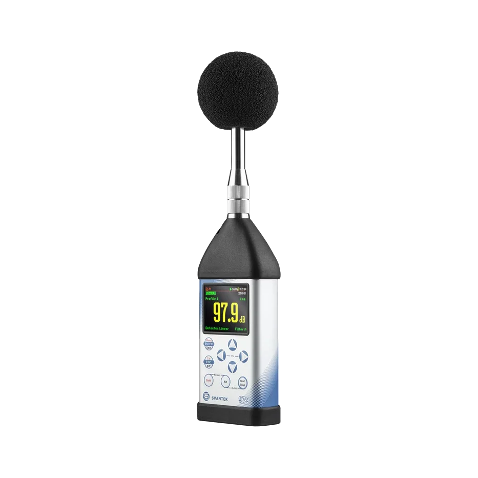 Svantek SVAN 979 Class 1 Sound & Vibration Analyser with digital display on a white background