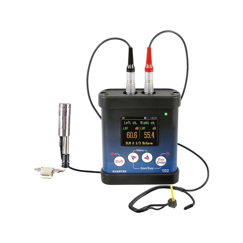 Svantek SV 102A+ Class 1 Dual-Channel Noise Dosimeter with digital display and cables on a white background