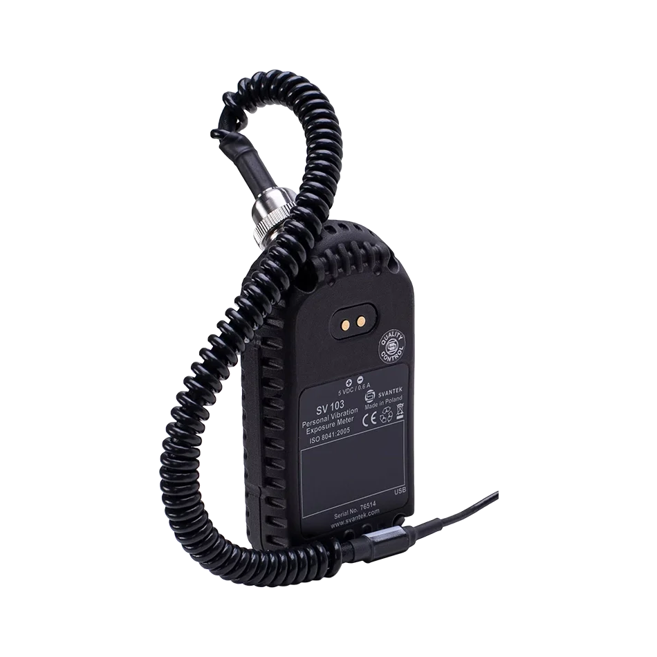 Svantek SV 103 Hand-Arm Vibration Dosimeterwith coiled cable on a white background