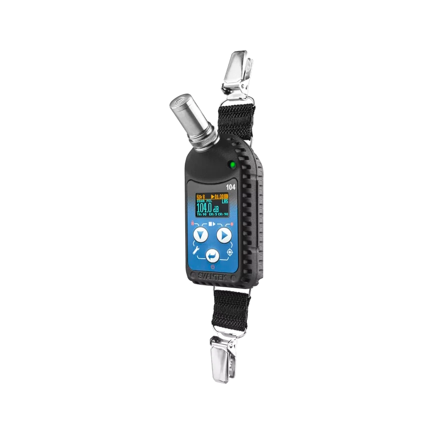 Svantek SV 104A Personal Noise Dosimeter with a clip on a white background