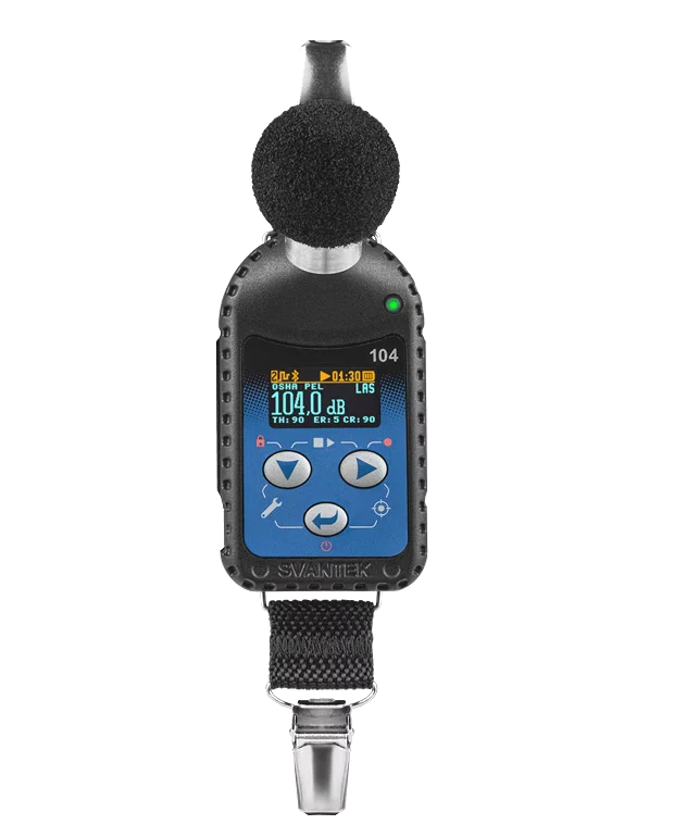 Svantek SV 104A Personal Noise Dosimeter with digital display on a white background