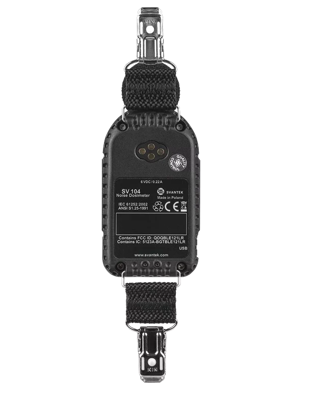 The back of the Svantek SV 104A Personal Noise Dosimeter with strap on a white background