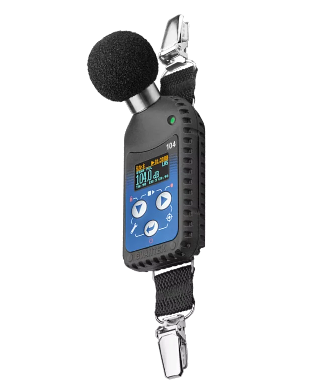 Svantek SV 104A Personal Noise Dosimeter with microphone on a white background