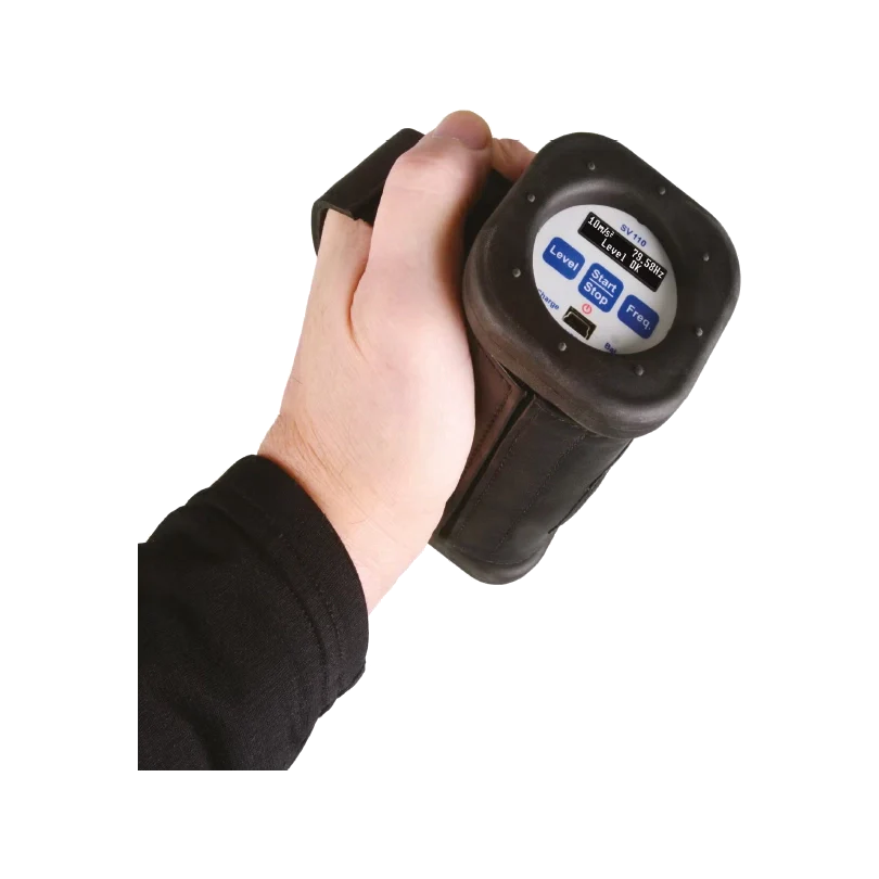 Hand holding a Svantek SV 110 Vibration Calibrator on a white background