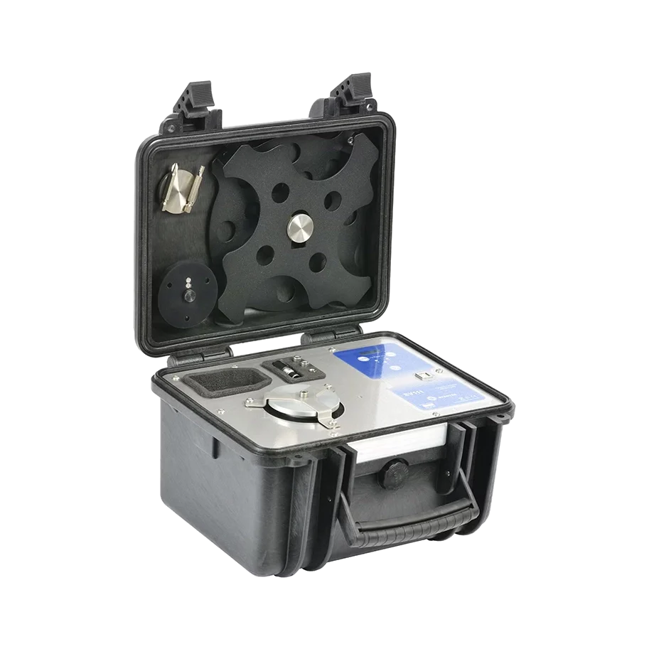 Black open case with Svantek SV 111 Portable Vibration Calibrator on a white background