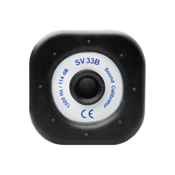 Black sound calibration device with 'SV 33B' label on a white background