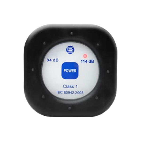 Black device with a white display showing sound level readings and power indicator on a white background