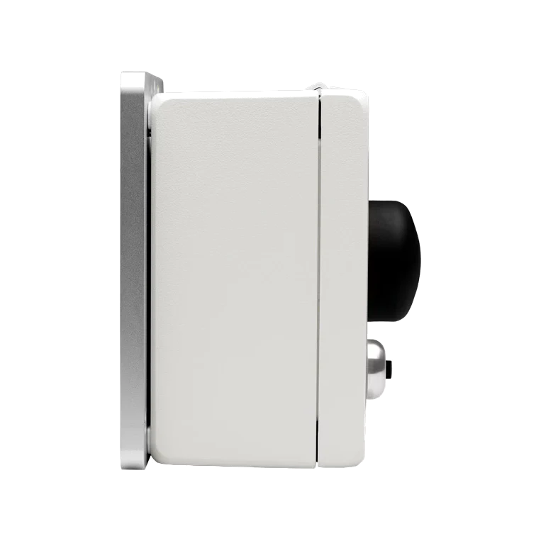 White electronic device with a black component on a white background