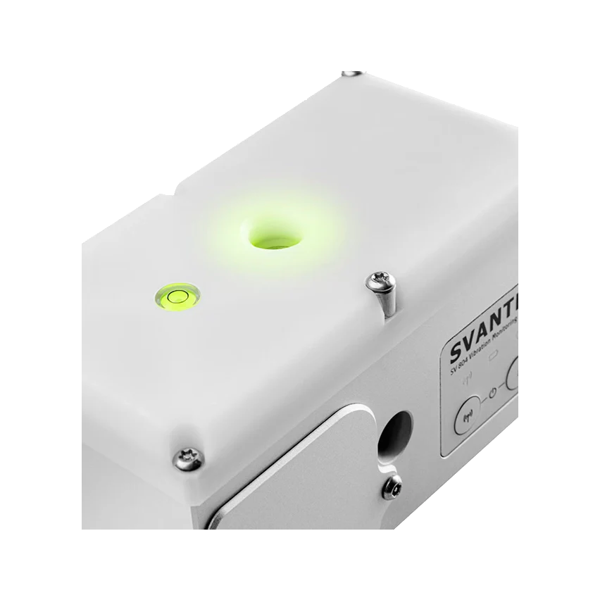 Svantek SV 804 Wireless Triaxial Vibration Monitor with green indicator light on a white background