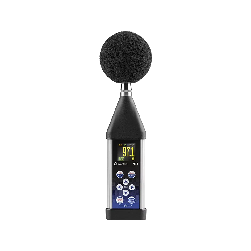 Sound level meter with digital display on a white background