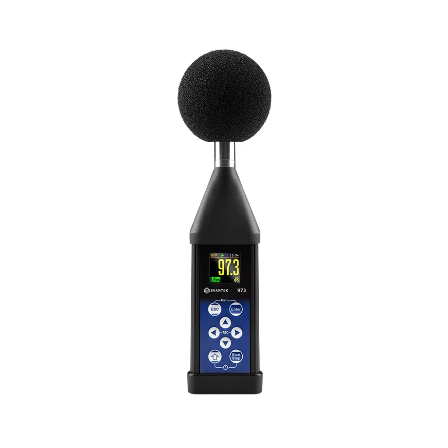Sound level meter with digital display on a white background