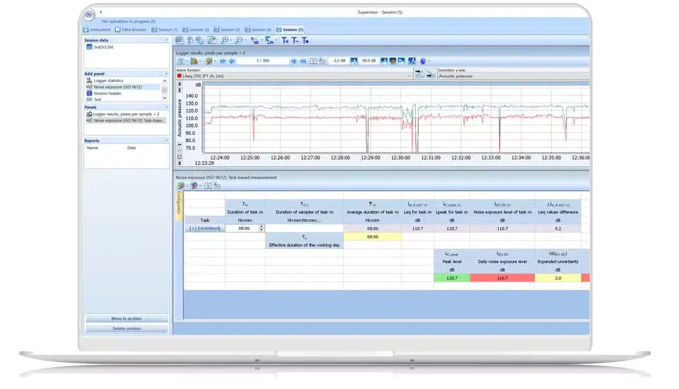 Computer screen displaying Svantek Supervisor PC Software for Health and Safety with various windows and panels.