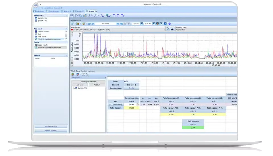 Laptop displaying Svantek Supervisor PC Software for Health and Safety with graphs and data on a white background
