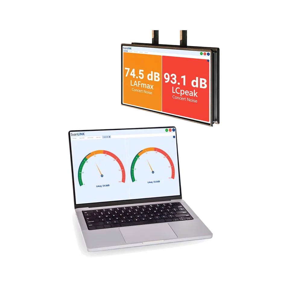 Laptop with a screen displaying Svantek SvanLINK Noise and Vibration Control Software on a white background