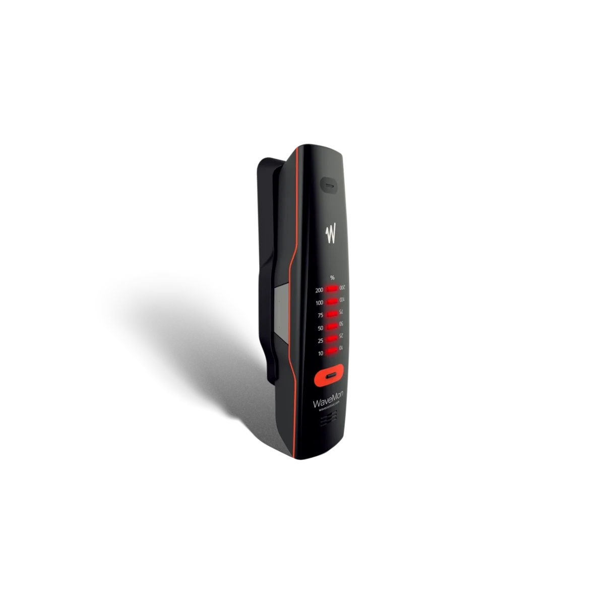 We have created a clip on holder that you can fasten to your harness, belt or arm, so that can take it in your hand and hold it close to a source of radiation, and then put it back easily.

You can also fasten the WaveMon RF personal monitor to a small carabiner to keep from dropping it.